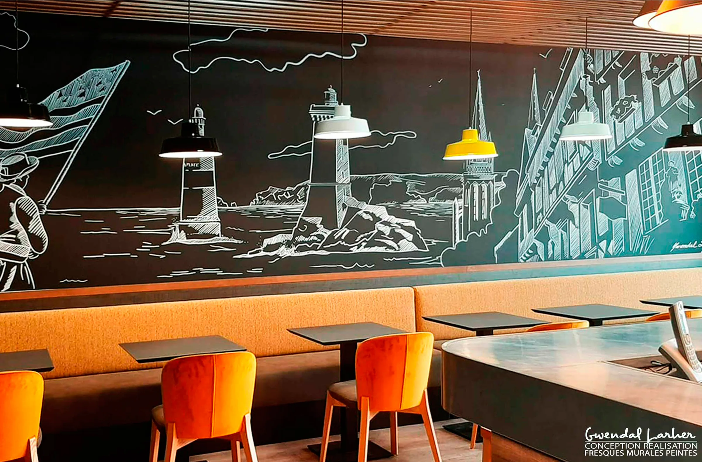Fresque graffiti murale décorant un bar-restaurant crêperie à Quimper, en Bretagne.
